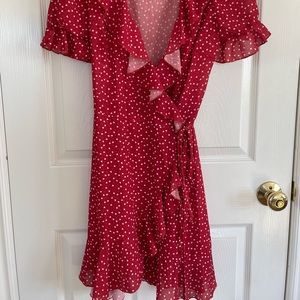 Red Chiffon Wrap Dress w/ Tiny White Hearts